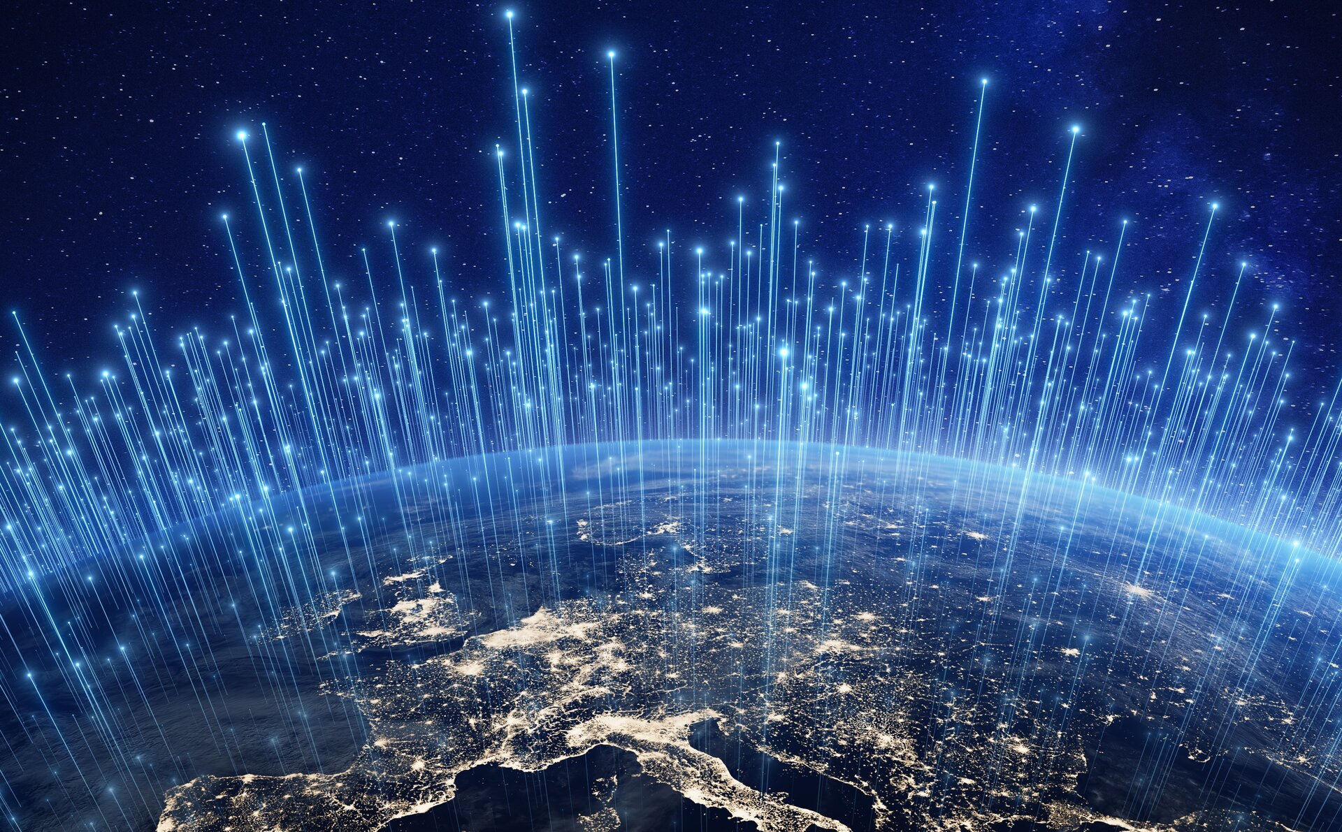 Global communication network above Europe viewed from space. Internet cellular connection and satellite telecommunication technology around the world.